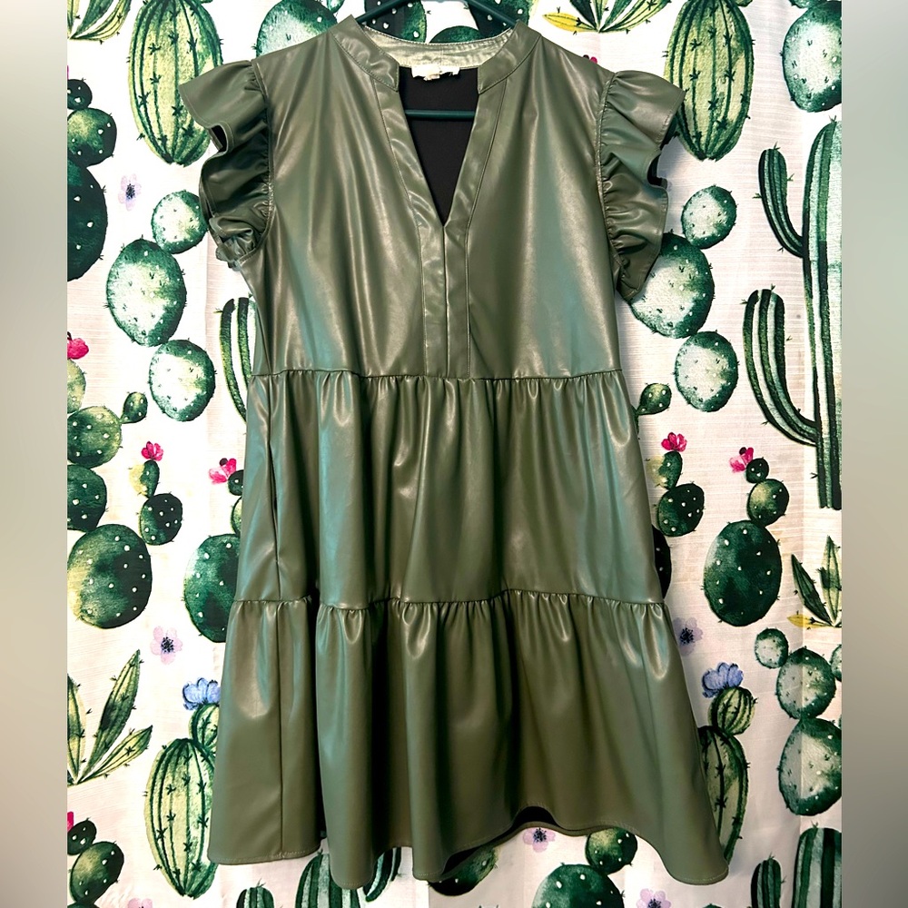 entro Olive Green Faux Leather Midi Dress